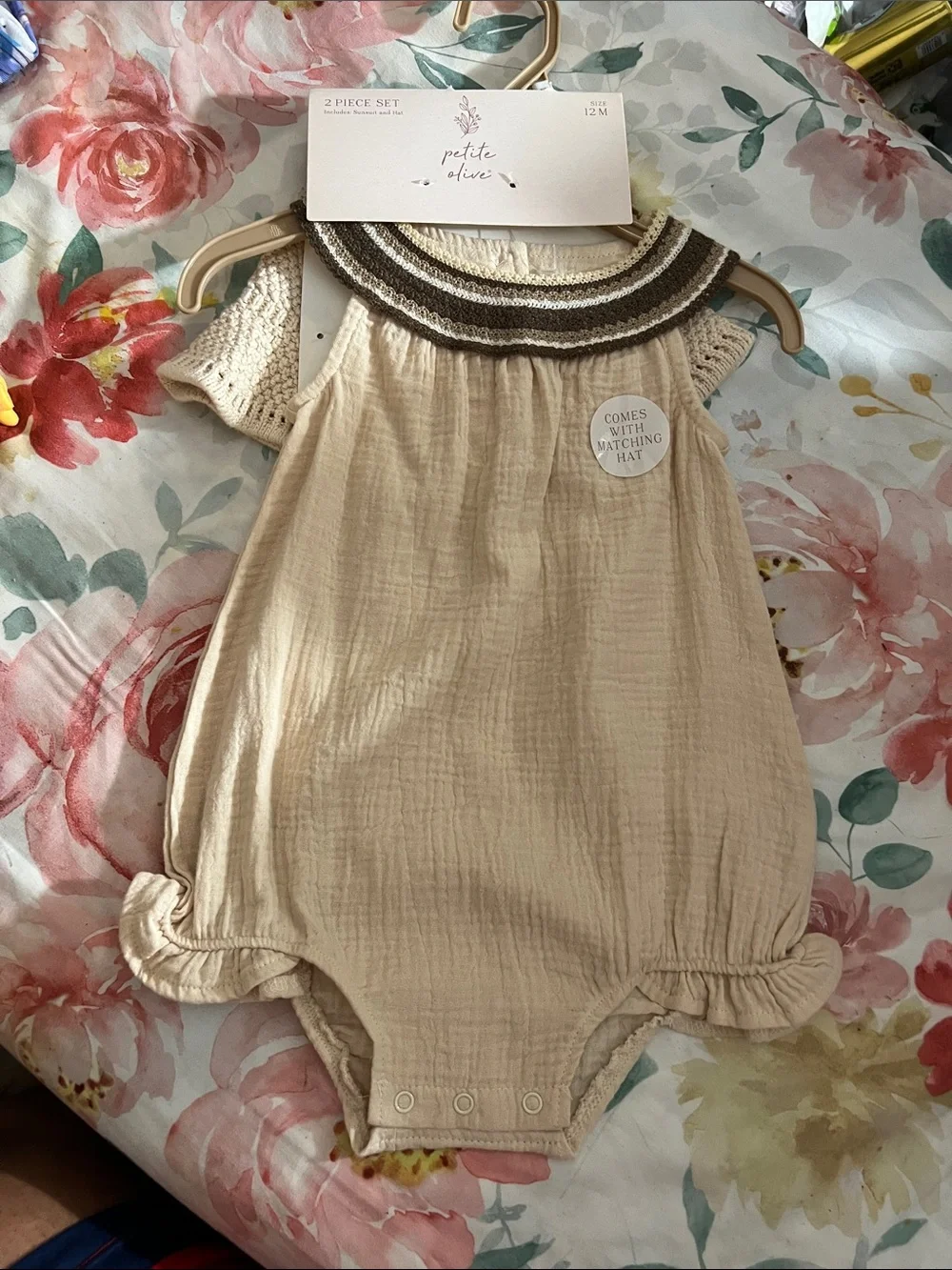 petite jolie Cream Knit-Trim Short Sleeve Baby Romper